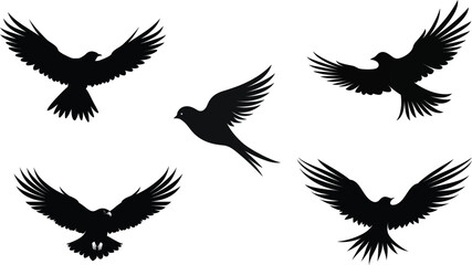 Obraz premium A flock of black birds flying in formation across a white background in silhouette style representing freedom unity and movement in nature.