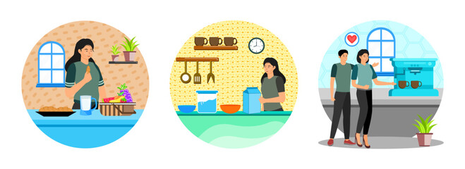 Healthy breakfast. Homemade yogurt concept.  Making hot espresso with the of a coffee machine.