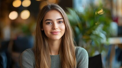 Obraz premium Smiling young woman with long hair in a cozy cafe setting, exuding warmth and charm.