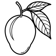 Black and White Mango Fruit with Leaves Outline, Vector Art