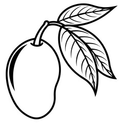 Black and White Mango Fruit with Leaves Outline, Vector Art