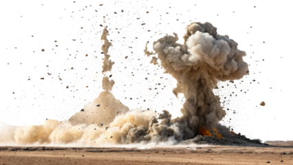 powerful explosion erupts in desert landscape, sending debris and swirling smoke into air. blast impact creates dramatic scene with scattered particles