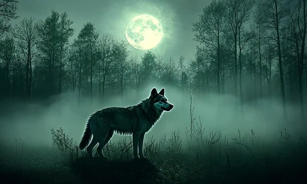 Lone wolf in misty forest under a full moon