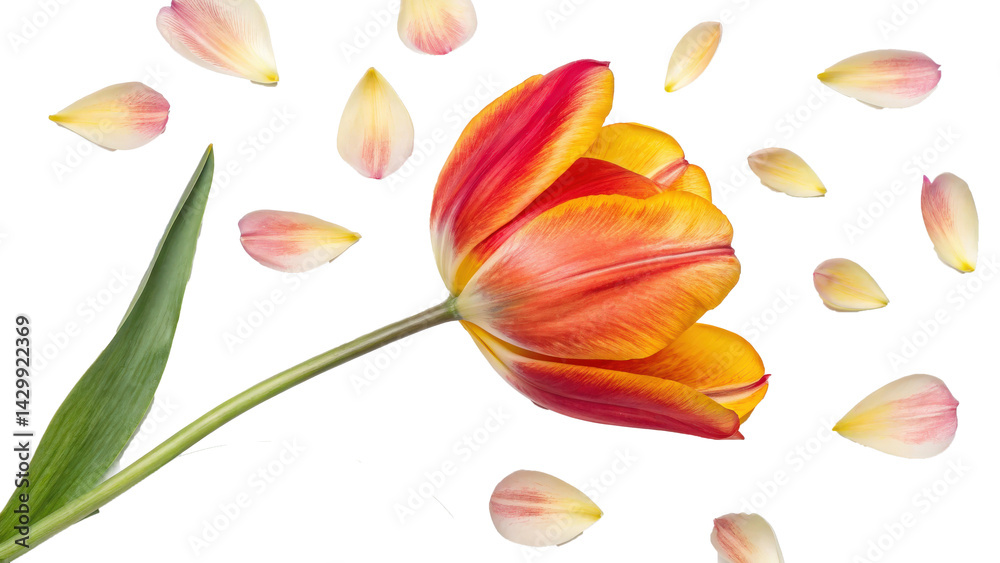 Aufkleber vibrant tulip with red and yellow petals is surrounded by scattered petals, creating dynamic and colorful composition. green stem adds contrast to bright colors