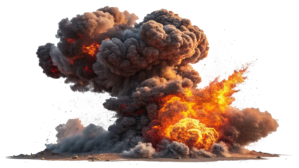 dramatic mid air explosion with fiery burst and billowing smoke creates powerful visual impact. intense flames and dark smoke clouds convey sense of chaos and energy