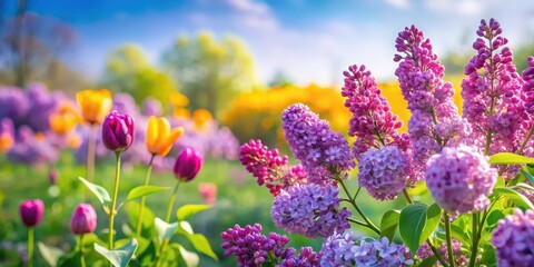 Obraz premium Vibrant Springtime Garden Display Featuring Delicate Lilacs and Colorful Tulips in Full Bloom under a Sunny Sky