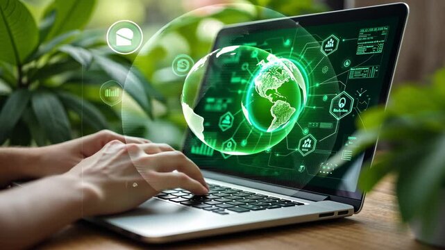 Green Technology Concept with Hands on Laptop Displaying Earth and Data Interface Surrounded by Houseplants in Vibrant Workspace