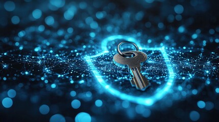 A key hanging on a door with digital data and security shield background in blue tone, highlighting cybersecurity protection elements and symbolizing strong network schemes in IT.