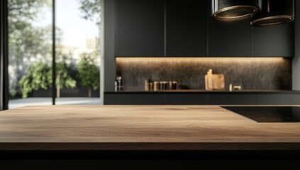 Fototapeta premium Modern kitchen countertop with dark cabinets and outdoor view