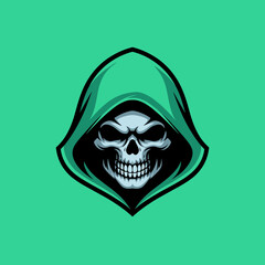 Intense Skull Mascot Illustration with Hooded Robe and Empty Eye Sockets on Teal Background