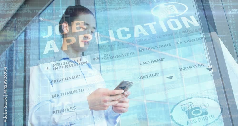Poster man holding smartphone entering job application form in tech office, showing ui code overlays