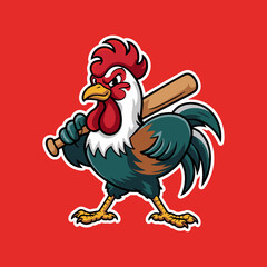 Cartoon Rooster Mascot Illustration Holding a Baseball Bat on Red Background