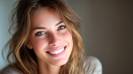 A joyful woman with a bright smile, radiating warmth and confidence.