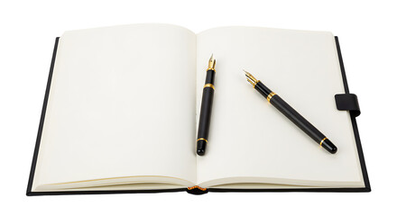 An open notebook with blank pages and two elegant pens resting on it, ideal for writing or note-taking in a serene setting