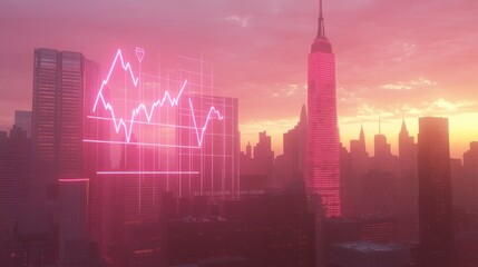 Neon pink financial graph superimposed over New York City skyline at sunrise.