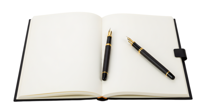 An open notebook with blank pages and two elegant pens resting on it, ideal for writing or note-taking in a serene setting
