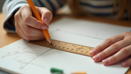Over-shoulder view of a child using a ruler to draw straight lines. Playful dinosaur designs contrast with precise measurement action.