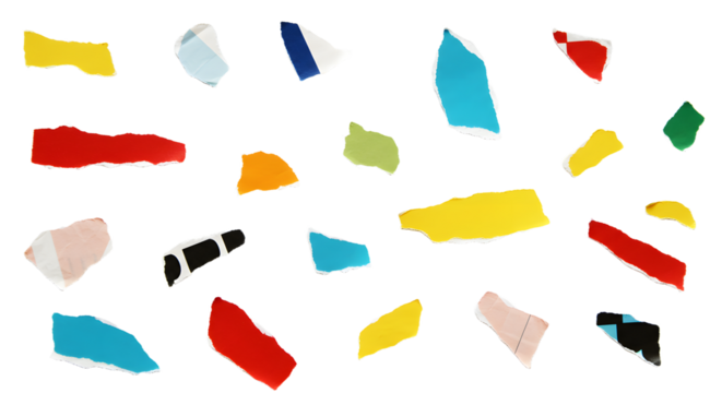 Colorful abstract shapes scattered across a white background, creating a vibrant and playful visual composition