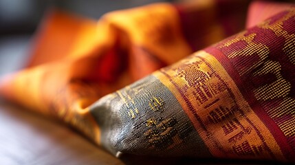Fototapeta premium Handwoven Kente cloth with golden Adinkra symbols, celebrating African heritage and unity.