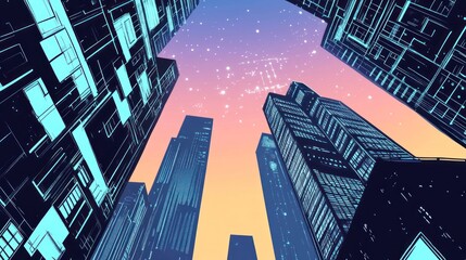 Futuristic cityscape, viewed from below, with vibrant neon lights.