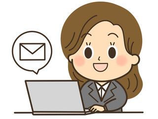 パソコンでメールをしているスーツを着たロングヘアの女性のイラスト