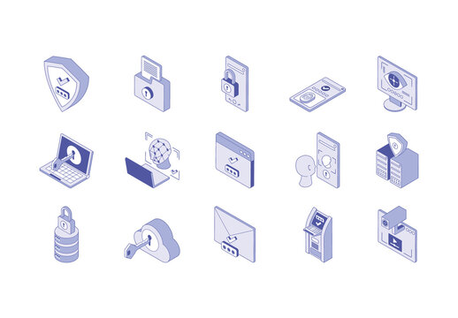 Blue And White Isometric Digital Security Icons Set