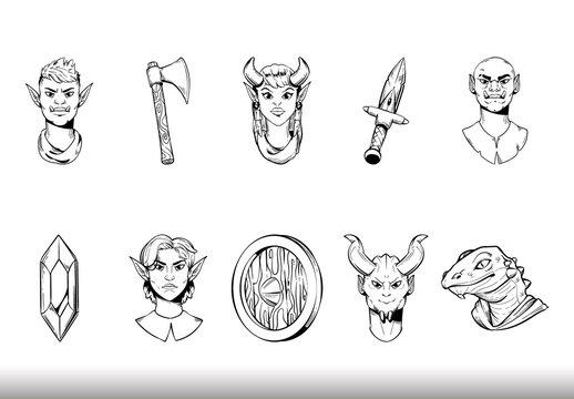 Black And White Fantasy Characters Illustration Set