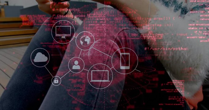 Woman using smartphone outdoors on deck bench, displaying red tech code overlay with network icons