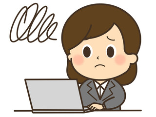 もやもや悩んでいるパソコンを使っているスーツを着た女性のイラスト