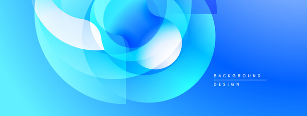 Abstract blue design features overlapping translucent shapes. Gradient creates depth, modern aesthetic. Minimalist composition, clean lines.