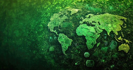 Global interconnectedness overlaid on a vibrant green landscape, symbolizing environmental consciousness and technological advancement.  