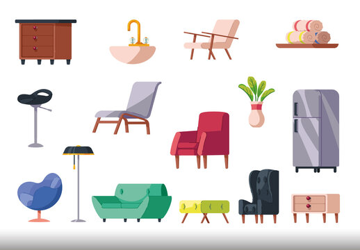 Colorful Interior Decoration Furniture Elements Illustration Set