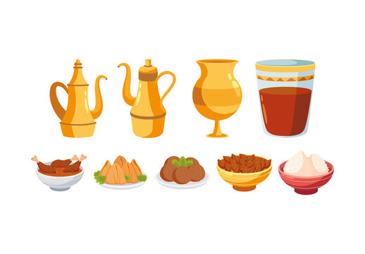 Colorful Traditional Ramadan Iftar Food Elements Illustration Set