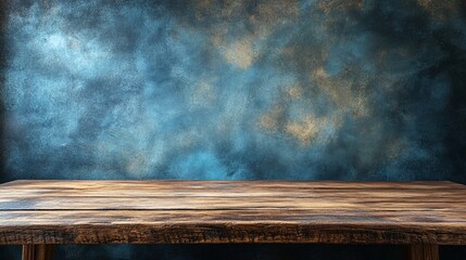 empty rustic wooden table with blue textured background for stylish product display and background design