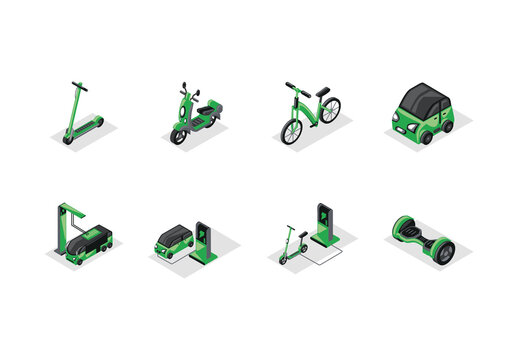 Green And Black Smart Mobility Electric Transport Icons Set