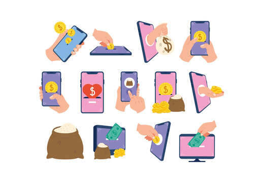 Pink And Yellow Charity Donation Online Illustration Set