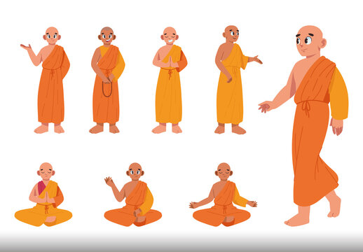 Orange And Yellow Buddhism Characters Illustration Design Set