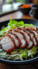 Roast pork belly on a bed of rice vertical
