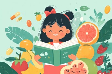 A little girl happily reading a fantasy book, surrounded