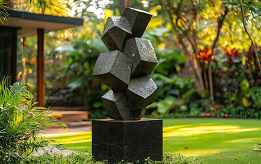 Abstract metal sculpture, composed of interlocking cubes, positioned in a lush garden setting