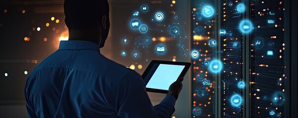 IT professional overseeing a complex server network