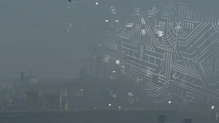 Digital padlock icon hovering over misty skyline, featuring circuit traces and drifting particles - Powered by Adobe
