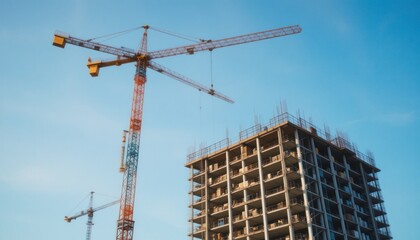 Construction Site: Modern Building Under Construction with Tower Cranes Against a Clear Blue Sky