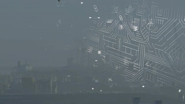 Digital padlock icon hovering over misty skyline, featuring circuit traces and drifting particles