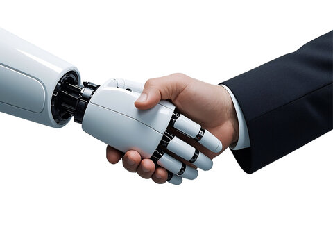 Robot hand and human hand, handshake, partnership, technology meets humanity, metallic texture, business agreement, PNG file isolated on transparent background, cut out, clipping path
