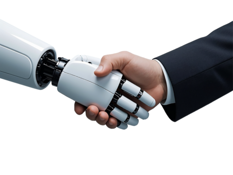 Robot hand and human hand, handshake, partnership, technology meets humanity, metallic texture, business agreement, PNG file isolated on transparent background, cut out, clipping path

