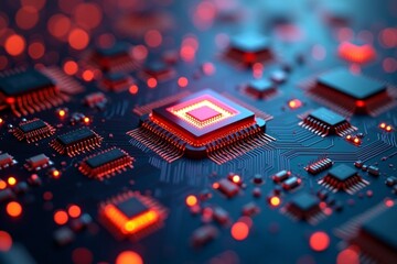 vibrant 3D illustration of digital circuit board with glowing red elements, showcasing futuristic technology theme. intricate design evokes sense of innovation and complexity