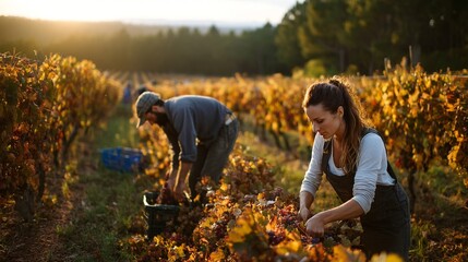 Grape harvest season in vineyard with farmers picking grapes during the day