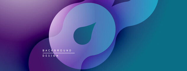 Abstract fluid shapes, purple hues blend into teal. Modern design evokes movement, depth, visual harmony. Background suggests innovation.