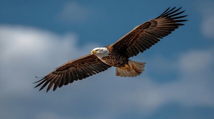 Obraz premium A majestic eagle soars through the sky with its wings spread wide against blue sky.